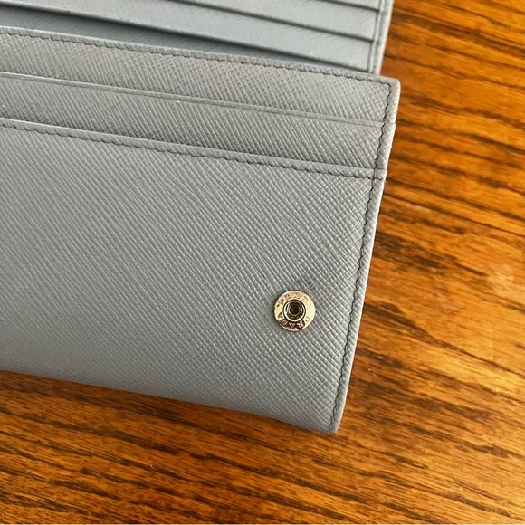 Prada Saffiano Leather Light Blue Metal Flap Bar Continental Wallet - Picture 6 of 13
